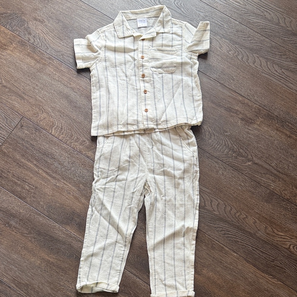 Striped Kids Linen Set - Cream and Black